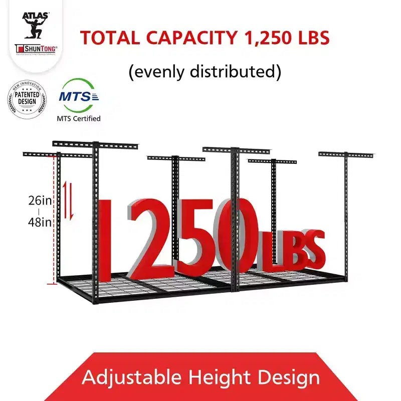 Shuntong 4'x8' The Atlas Pro Overhead Garage Storage Rack 1100 lbs Weight Capacity Hammertone Finish Black