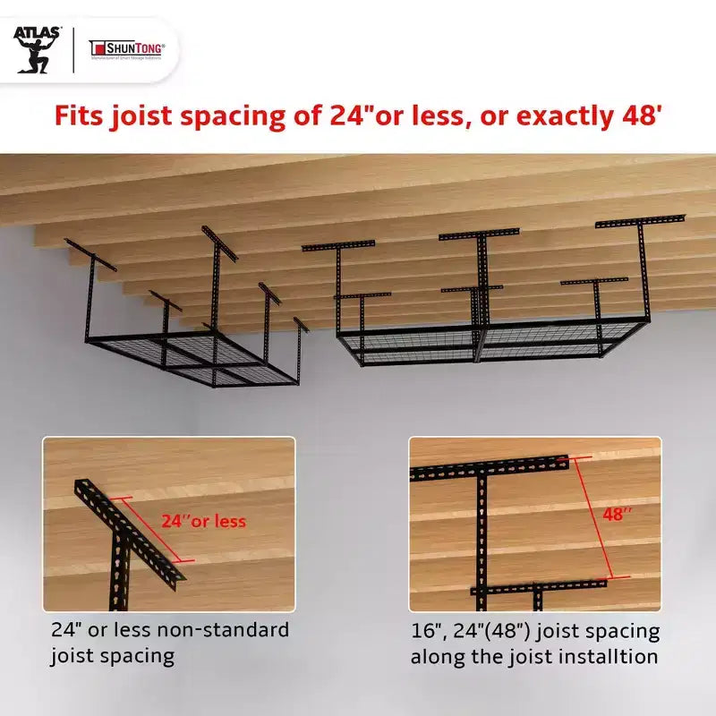 Shuntong 4'x8' The Atlas Pro Overhead Garage Storage Rack 1100 lbs Weight Capacity Hammertone Finish Black