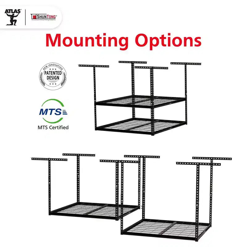 Shuntong 4'x8' Le porte-bagages de garage suspendu Atlas Pro, capacité de charge de 1100 livres, finition Hammertone noir