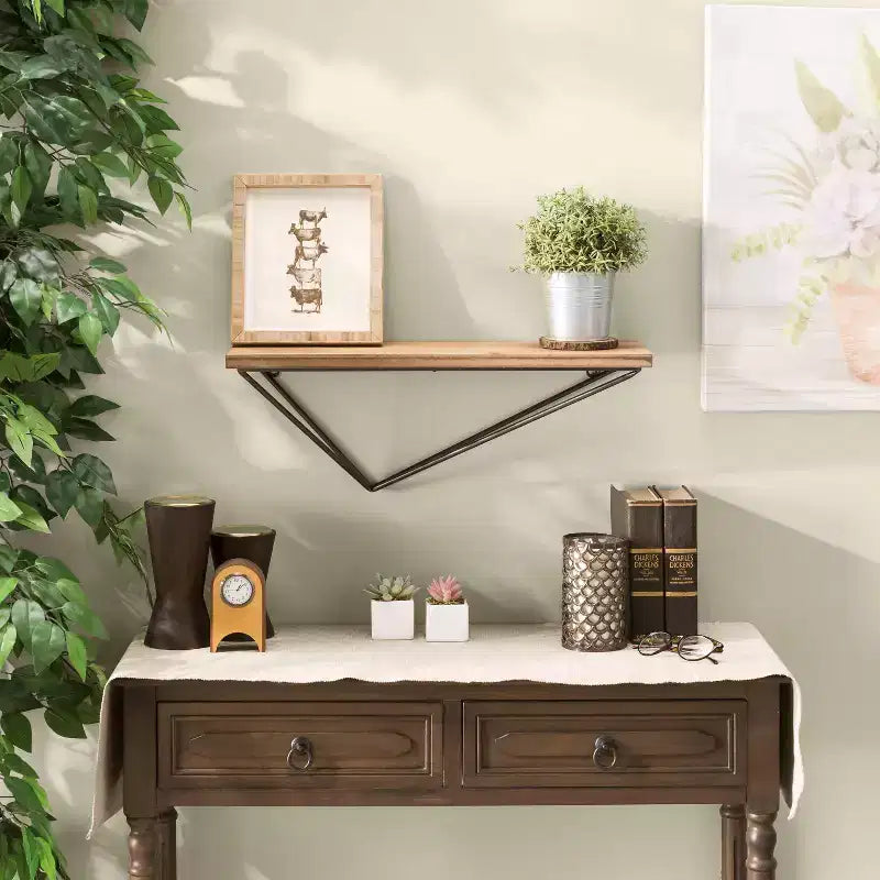 Wall Mount Floating Shelf with Diamond Shaped Iron Bracket Brown -  Modern Pine Wood, Metal Frame