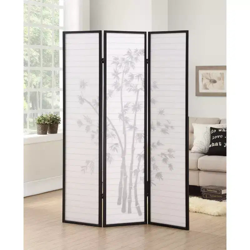 3-Panel Bamboo Pattern Room Divider – Black, 54"x71", Folding Screen
