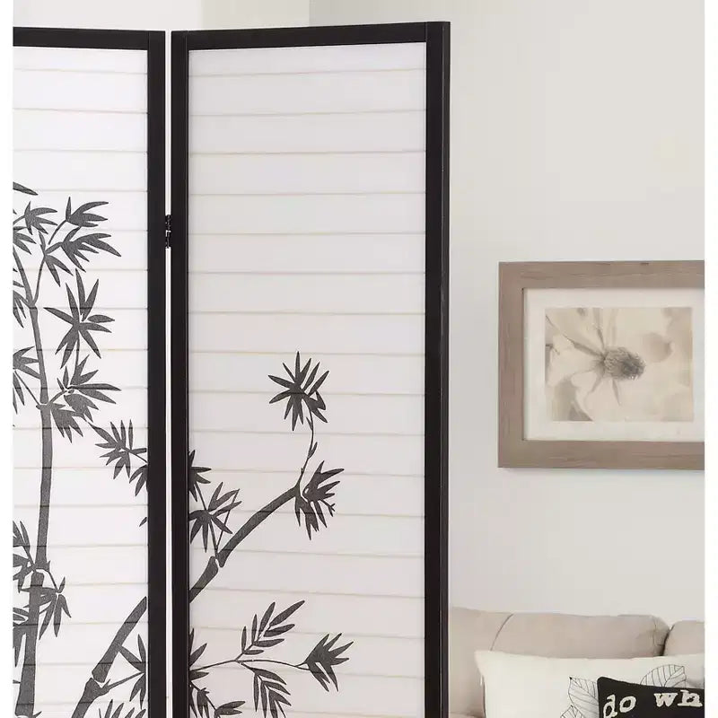 3-Panel Bamboo Pattern Room Divider – Black, 54"x71", Folding Screen