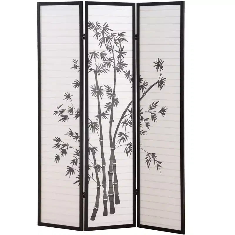 3-Panel Bamboo Pattern Room Divider – Black, 54"x71", Folding Screen