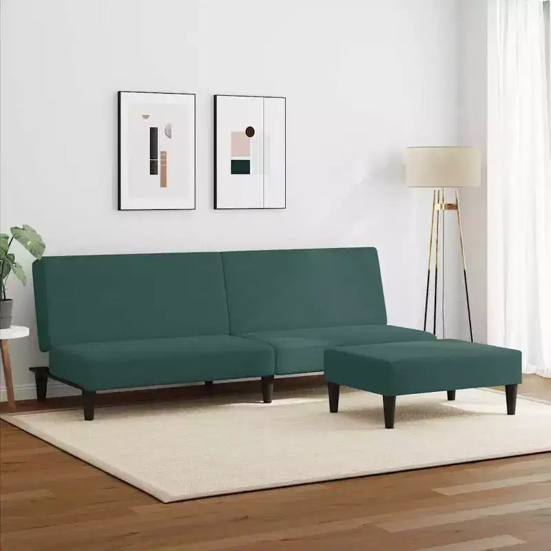 Dark Green Velvet 2-Seater Convertible Sofa Bed with Footstool