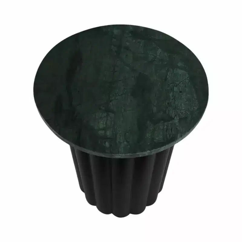 Modern Ribbed End Table with Marble Top – 20", Black & Green, Small Spaces