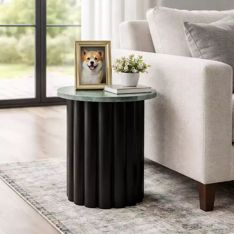 Modern Ribbed End Table with Marble Top – 20", Black & Green, Small Spaces