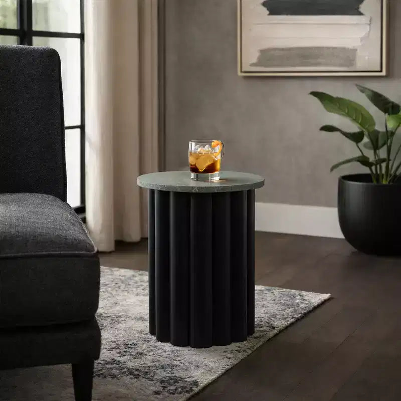 Modern Ribbed End Table with Marble Top – 20", Black & Green, Small Spaces