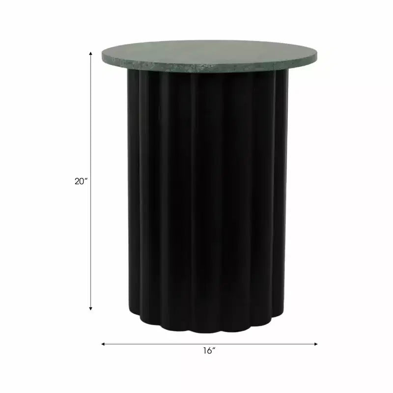 Modern Ribbed End Table with Marble Top – 20", Black & Green, Small Spaces