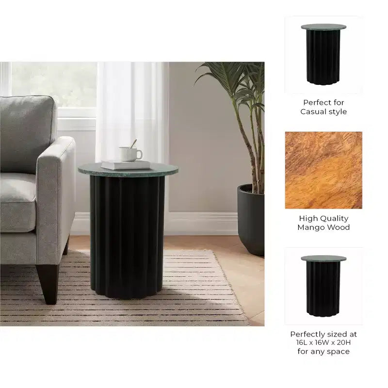 Modern Ribbed End Table with Marble Top – 20", Black & Green, Small Spaces