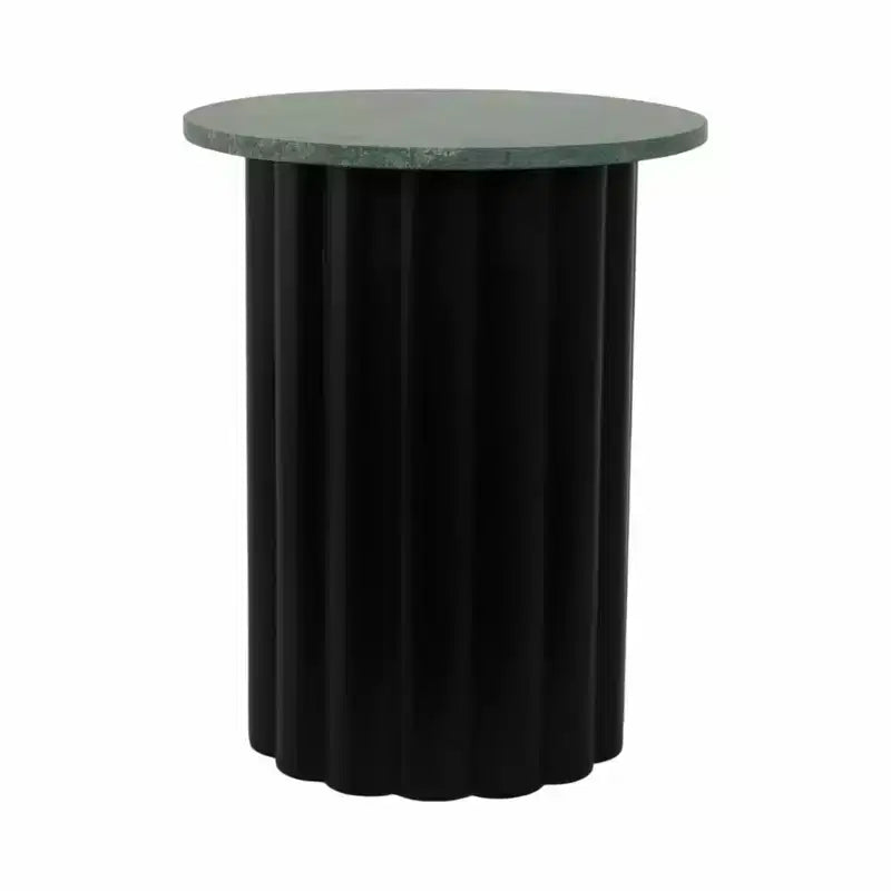 Modern Ribbed End Table with Marble Top – 20", Black & Green, Small Spaces