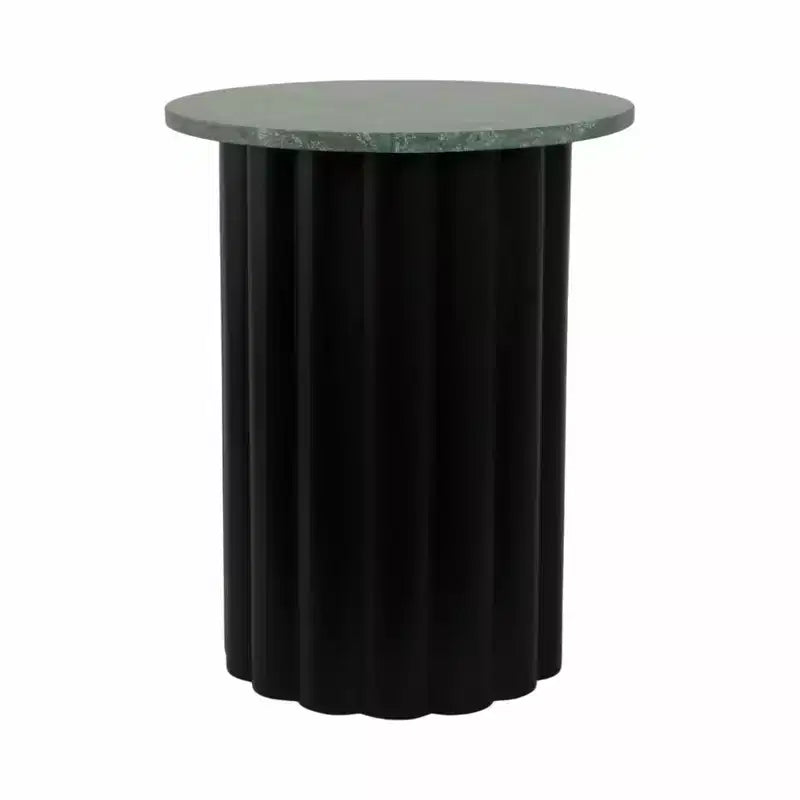 Modern Ribbed End Table with Marble Top – 20", Black & Green, Small Spaces