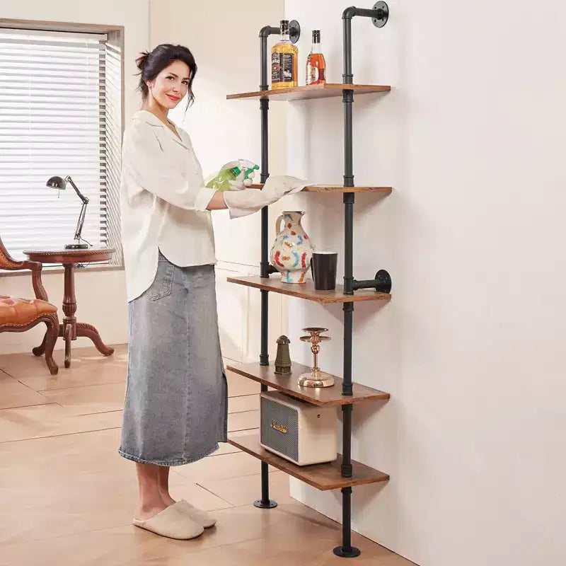5-Tier Industrial Pipe Wall Shelf – 24" Rustic Wood Floating Bookshelf, Black