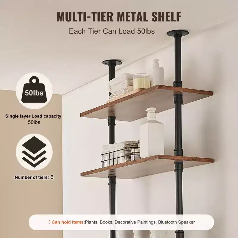 5-Tier Industrial Pipe Wall Shelf – 24" Rustic Wood Floating Bookshelf, Black
