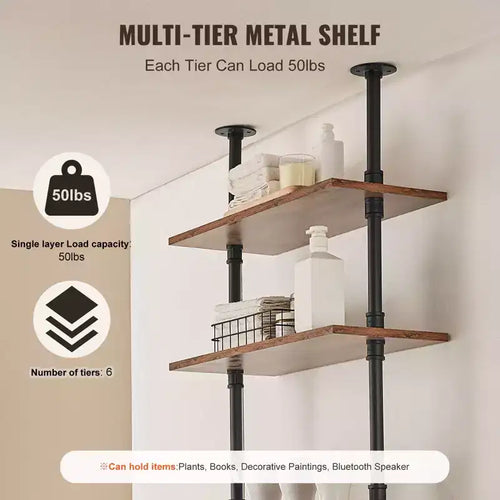 5-Tier Industrial Pipe Wall Shelf – 24" Rustic Wood Floating Bookshelf, Black