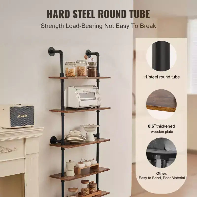 5-Tier Industrial Pipe Wall Shelf – 24" Rustic Wood Floating Bookshelf, Black