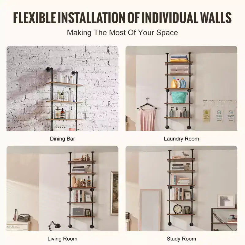 5-Tier Industrial Pipe Wall Shelf – 24" Rustic Wood Floating Bookshelf, Black
