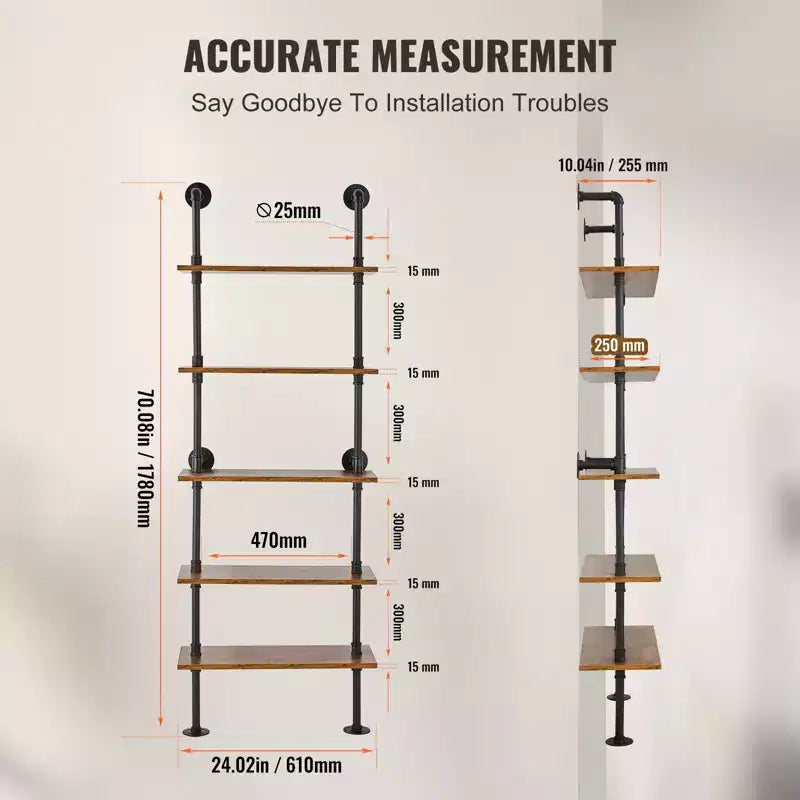 Étagère murale de style industriel à 5 niveaux – Bibliothèque flottante en bois rustique de 61 cm, noire