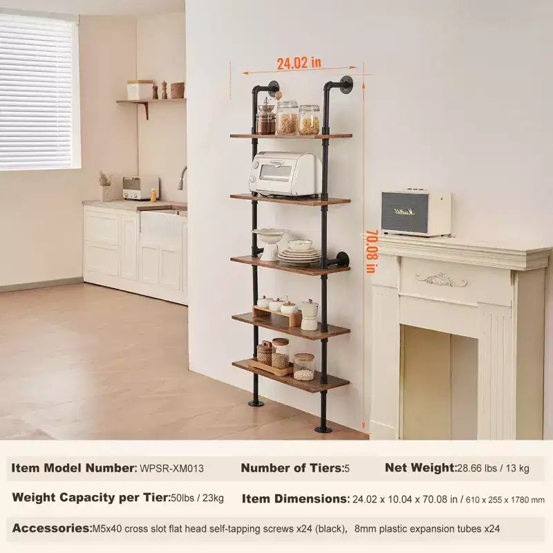 Étagère murale de style industriel à 5 niveaux – Bibliothèque flottante en bois rustique de 61 cm, noire