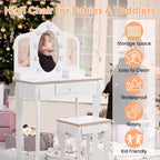 Kids Vanity Table & Stool with Lighted Tri-Fold Mirror, Drawer & Storage – Ages 3-9
