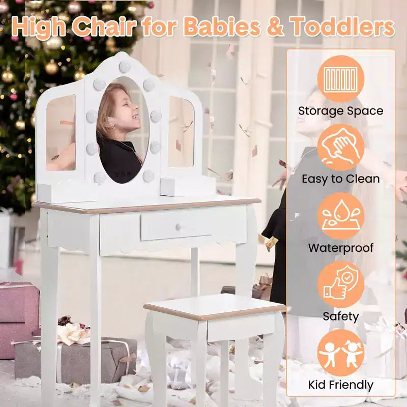 Kids Vanity Table & Stool with Lighted Tri-Fold Mirror, Drawer & Storage – Ages 3-9