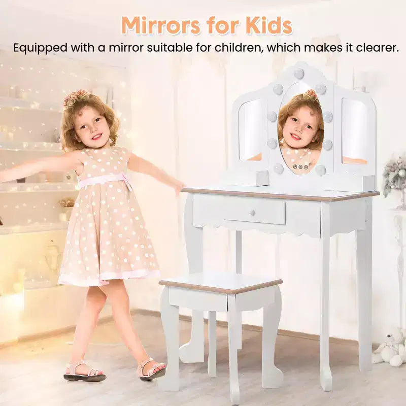 Kids Vanity Table & Stool with Lighted Tri-Fold Mirror, Drawer & Storage – Ages 3-9