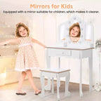 Kids Vanity Table & Stool with Lighted Tri-Fold Mirror, Drawer & Storage – Ages 3-9