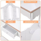 Kids Vanity Table & Stool with Lighted Tri-Fold Mirror, Drawer & Storage – Ages 3-9
