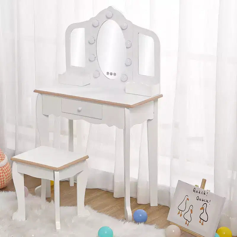 Kids Vanity Table & Stool with Lighted Tri-Fold Mirror, Drawer & Storage – Ages 3-9