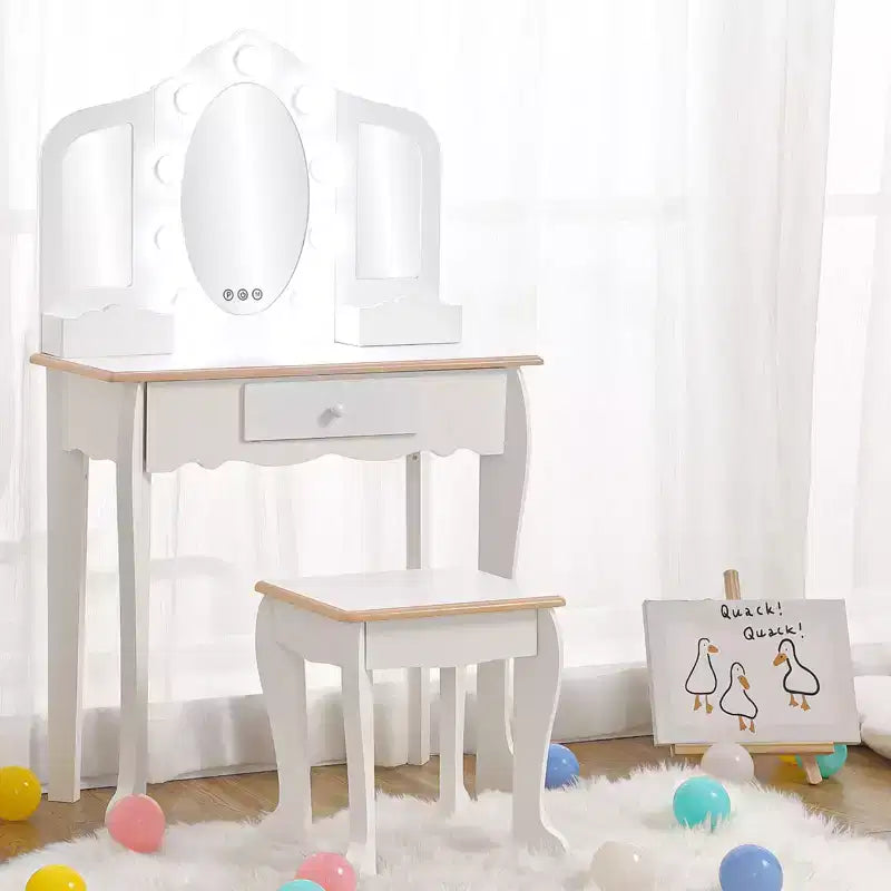 Kids Vanity Table & Stool with Lighted Tri-Fold Mirror, Drawer & Storage – Ages 3-9