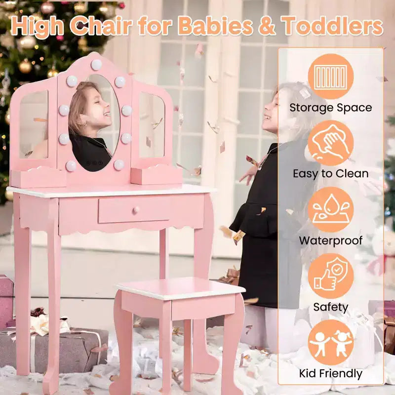 Kids Vanity Table & Stool with Lighted Tri-Fold Mirror, Drawer & Storage – Ages 3-9