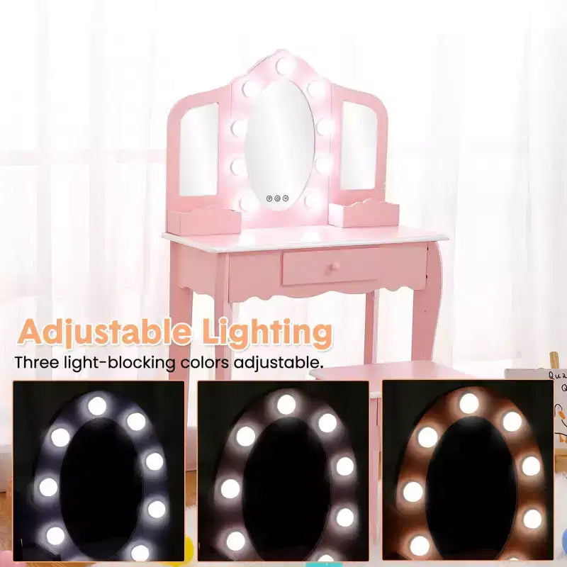 Kids Vanity Table & Stool with Lighted Tri-Fold Mirror, Drawer & Storage – Ages 3-9