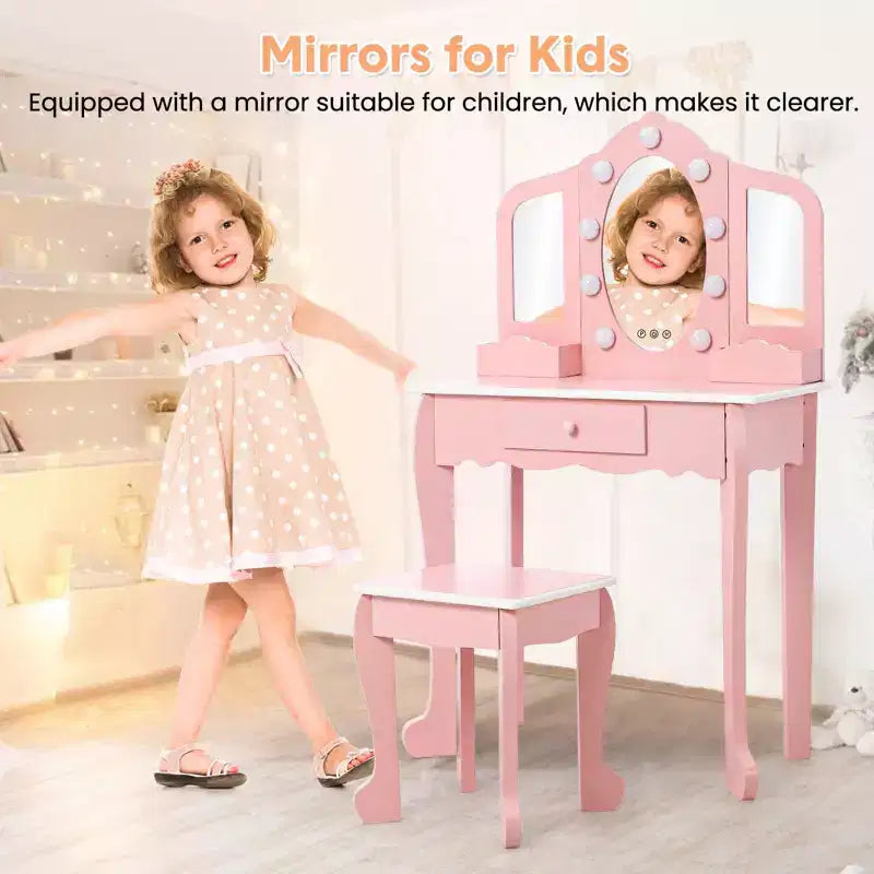 Kids Vanity Table & Stool with Lighted Tri-Fold Mirror, Drawer & Storage – Ages 3-9