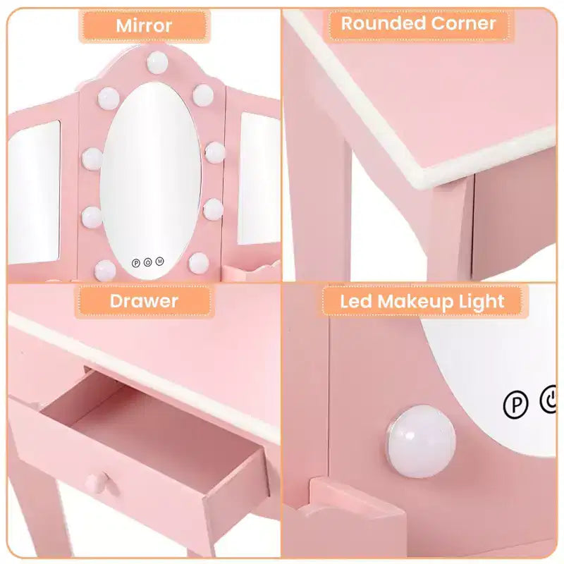 Kids Vanity Table & Stool with Lighted Tri-Fold Mirror, Drawer & Storage – Ages 3-9