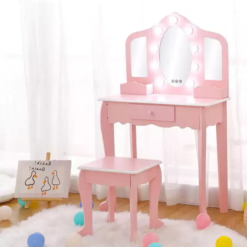 Kids Vanity Table & Stool with Lighted Tri-Fold Mirror, Drawer & Storage – Ages 3-9