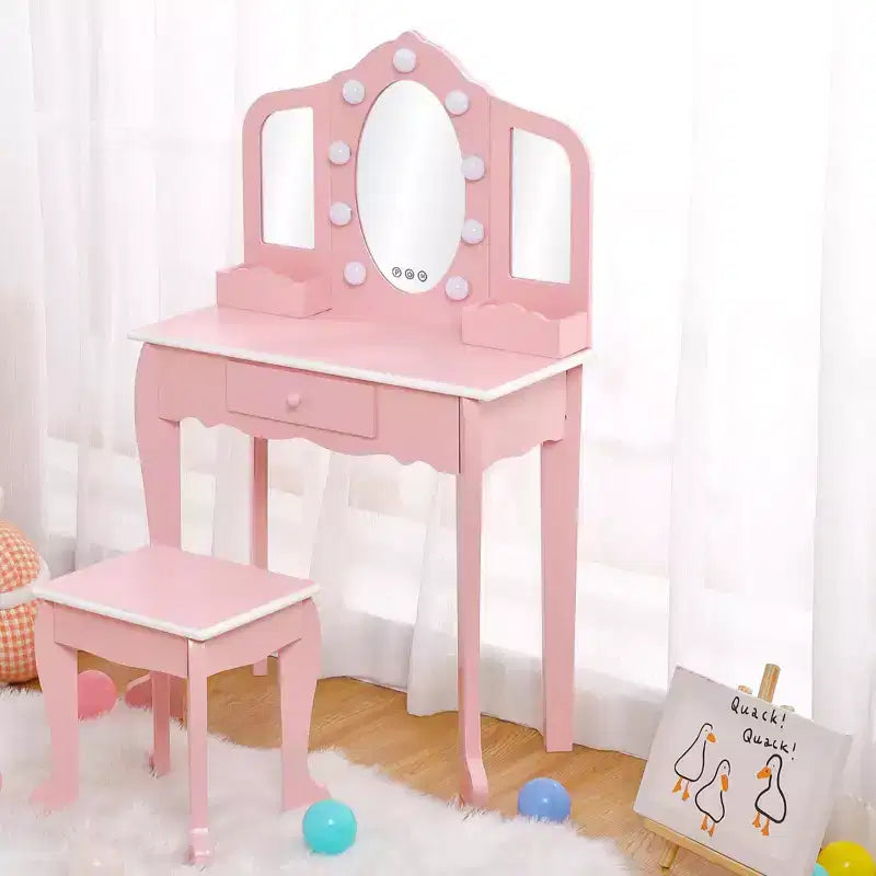 Kids Vanity Table & Stool with Lighted Tri-Fold Mirror, Drawer & Storage – Ages 3-9