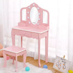 Kids Vanity Table & Stool with Lighted Tri-Fold Mirror, Drawer & Storage – Ages 3-9