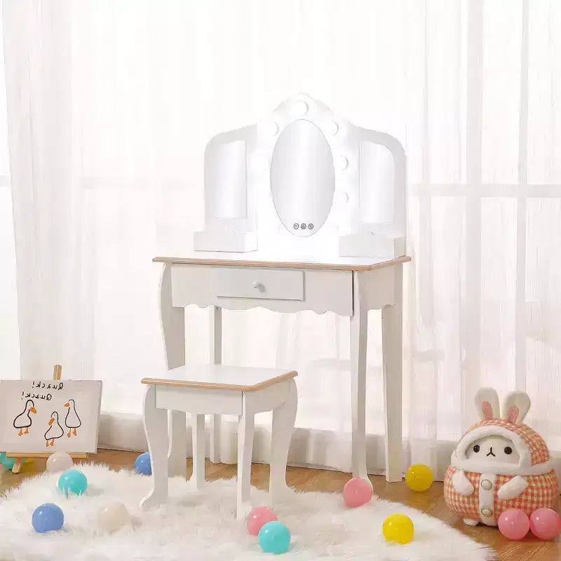 Kids Vanity Table & Stool with Lighted Tri-Fold Mirror, Drawer & Storage – Ages 3-9