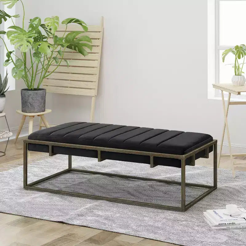 TUYOHW Upholstered Velvet Ottoman Bench with Brass Finish, Black
