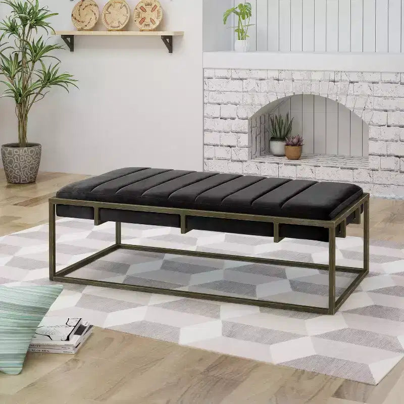 Velvet Ottoman Bench with Brass Finish Legs – Black