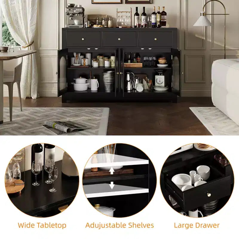 Large Buffet Sideboard Cabinet – 4 Doors, 3 Drawers & Adjustable Shelf, White/Black