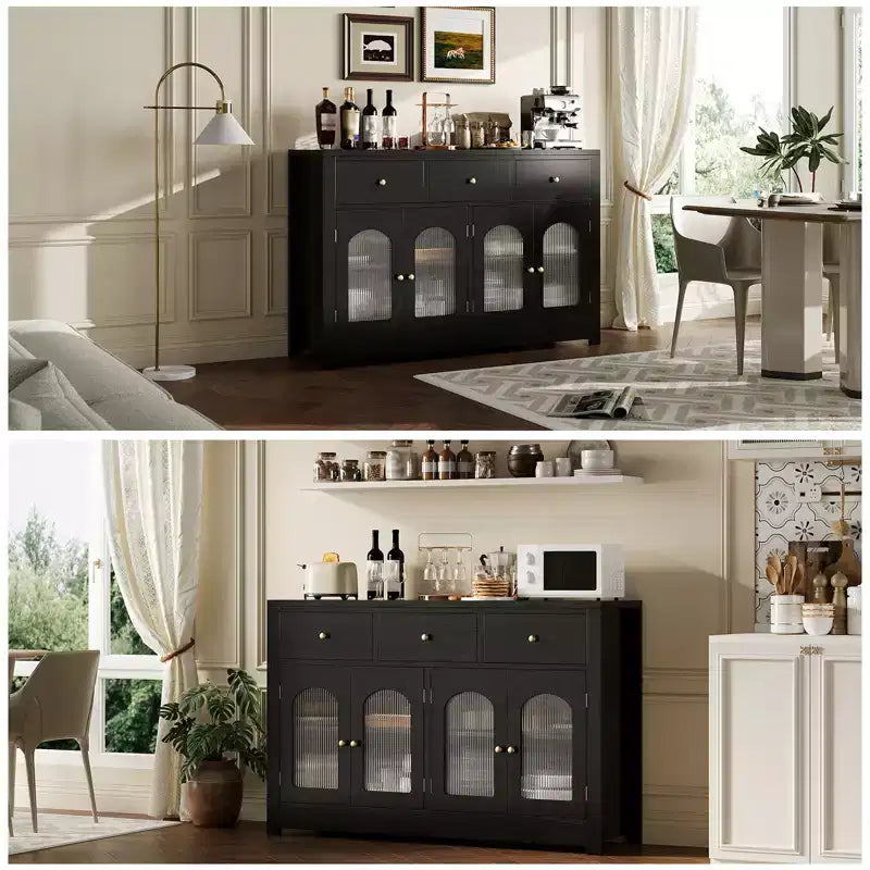 Large Buffet Sideboard Cabinet – 4 Doors, 3 Drawers & Adjustable Shelf, White/Black