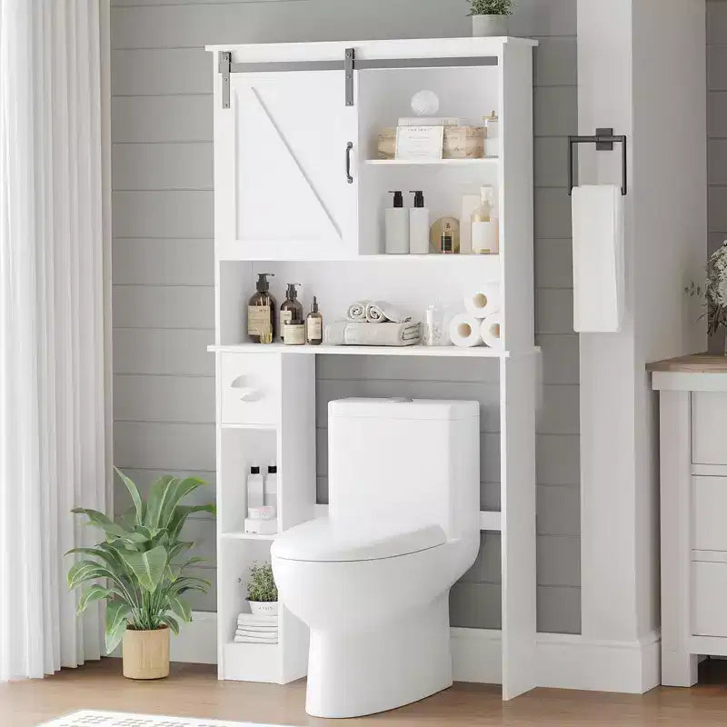 Over The Toilet Storage Cabinet, Tall Storage Cabinet Over Toilet with 2 Sliding Barn Door & Toilet Paper Holder Stand, Space-Saving Toilet Rack