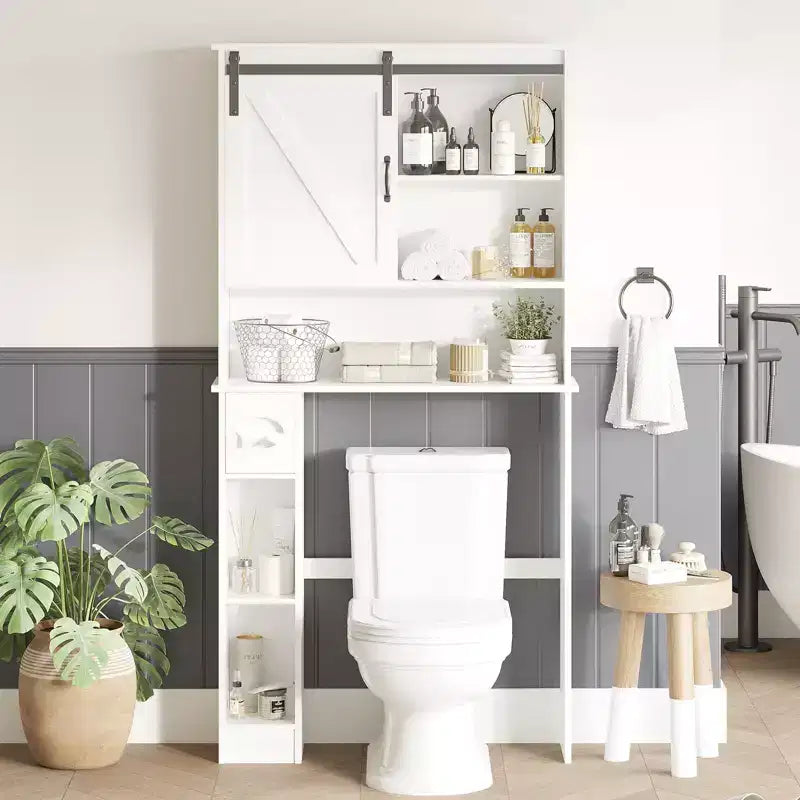 Over-Toilet Storage Cabinet – 2 Sliding Barn Doors, 6 Shelves & Toilet Paper Holder, White