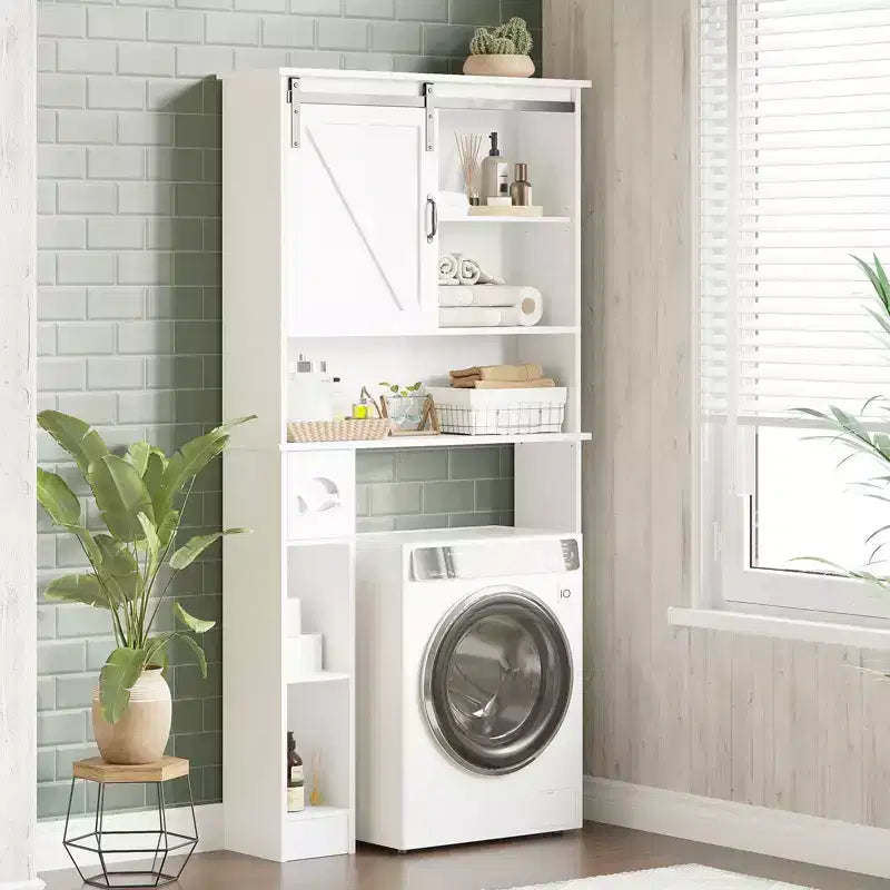 Over-Toilet Storage Cabinet – 2 Sliding Barn Doors, 6 Shelves & Toilet Paper Holder, White