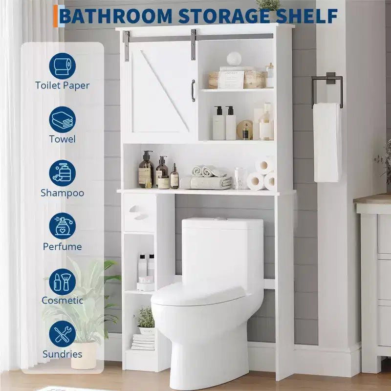 Over-Toilet Storage Cabinet – 2 Sliding Barn Doors, 6 Shelves & Toilet Paper Holder, White
