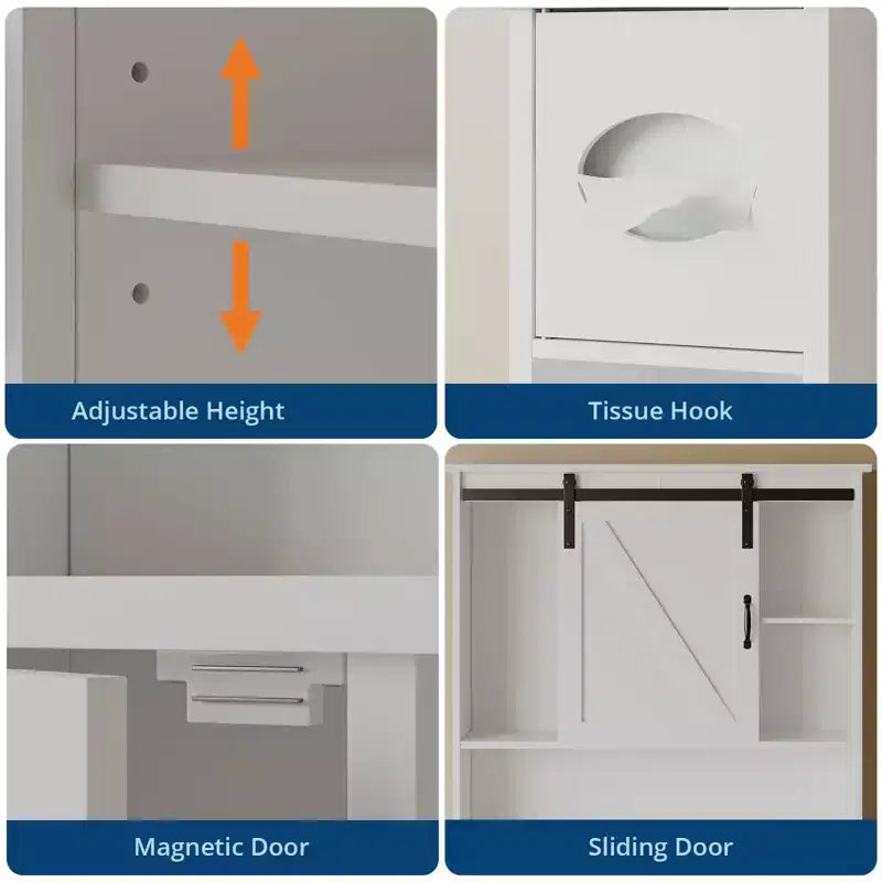 Over-Toilet Storage Cabinet – 2 Sliding Barn Doors, 6 Shelves & Toilet Paper Holder, White
