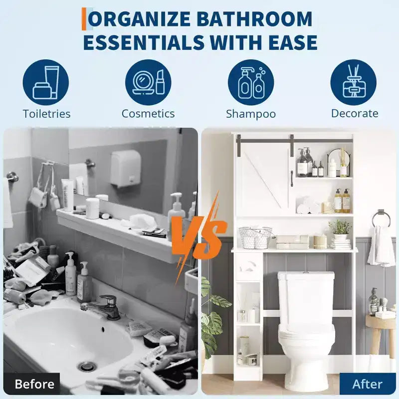 Over-Toilet Storage Cabinet – 2 Sliding Barn Doors, 6 Shelves & Toilet Paper Holder, White