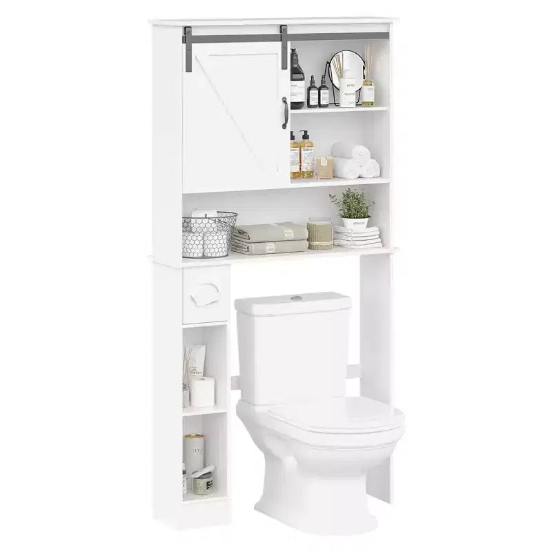 Over-Toilet Storage Cabinet – 2 Sliding Barn Doors, 6 Shelves & Toilet Paper Holder, White