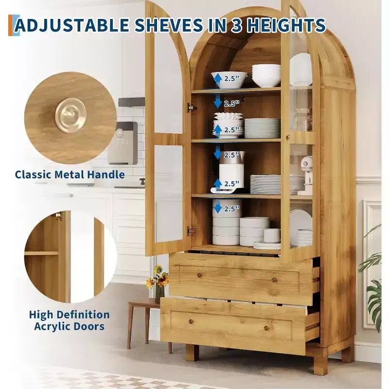 71 Tall Arched Storage Cabinet with Acrylic Doors Modern Wooden Pantry Cabinet with 2 Drawers & Adjustable Shelves, Versatile Cupboard for Kitchen