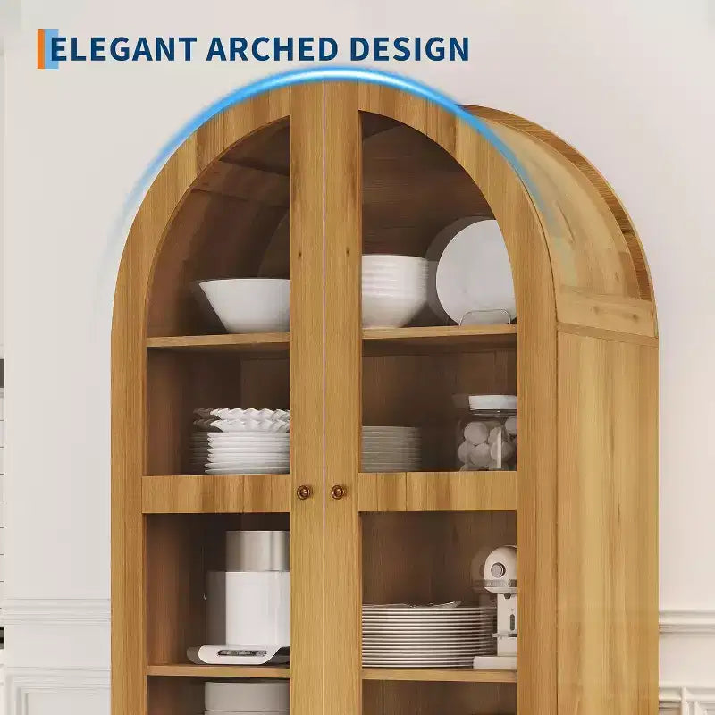 71 Tall Arched Storage Cabinet with Acrylic Doors Modern Wooden Pantry Cabinet with 2 Drawers & Adjustable Shelves, Versatile Cupboard for Kitchen